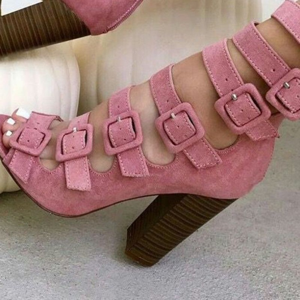 Olivia Ferguson Pink Faux Suede Buckle Heels 8.5